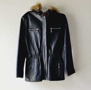 Adler Collection black leather zip up jacket with hoody‎ size M
